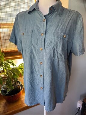 Blue Orvis 100% Silk Safari Style Utility Short Sleeve Button Down MEDIUM